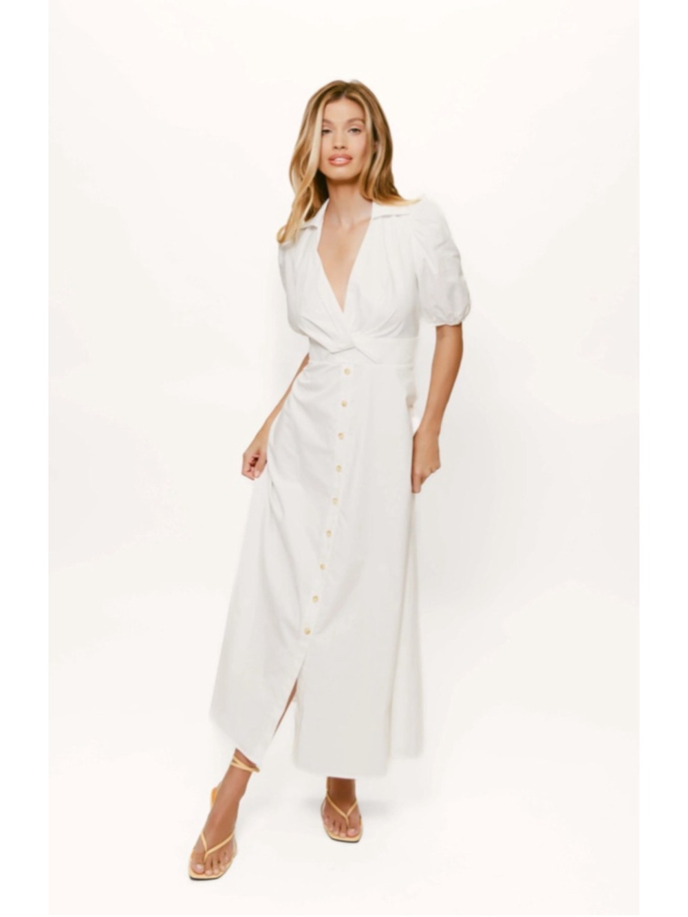 Women's Hutch White Puff Sleeve Twist Front Collared Midi Dress Size 0 - Picture 4 of 9